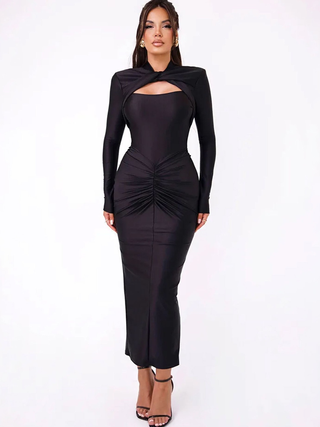 

LULU & SKY Women Cut-out Bodycon Maxi Dress Ruched Detail, Black