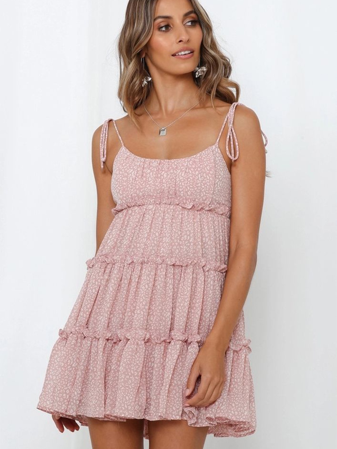 

LULU & SKY Women Printed Tiered Empire Mini Dress, Pink