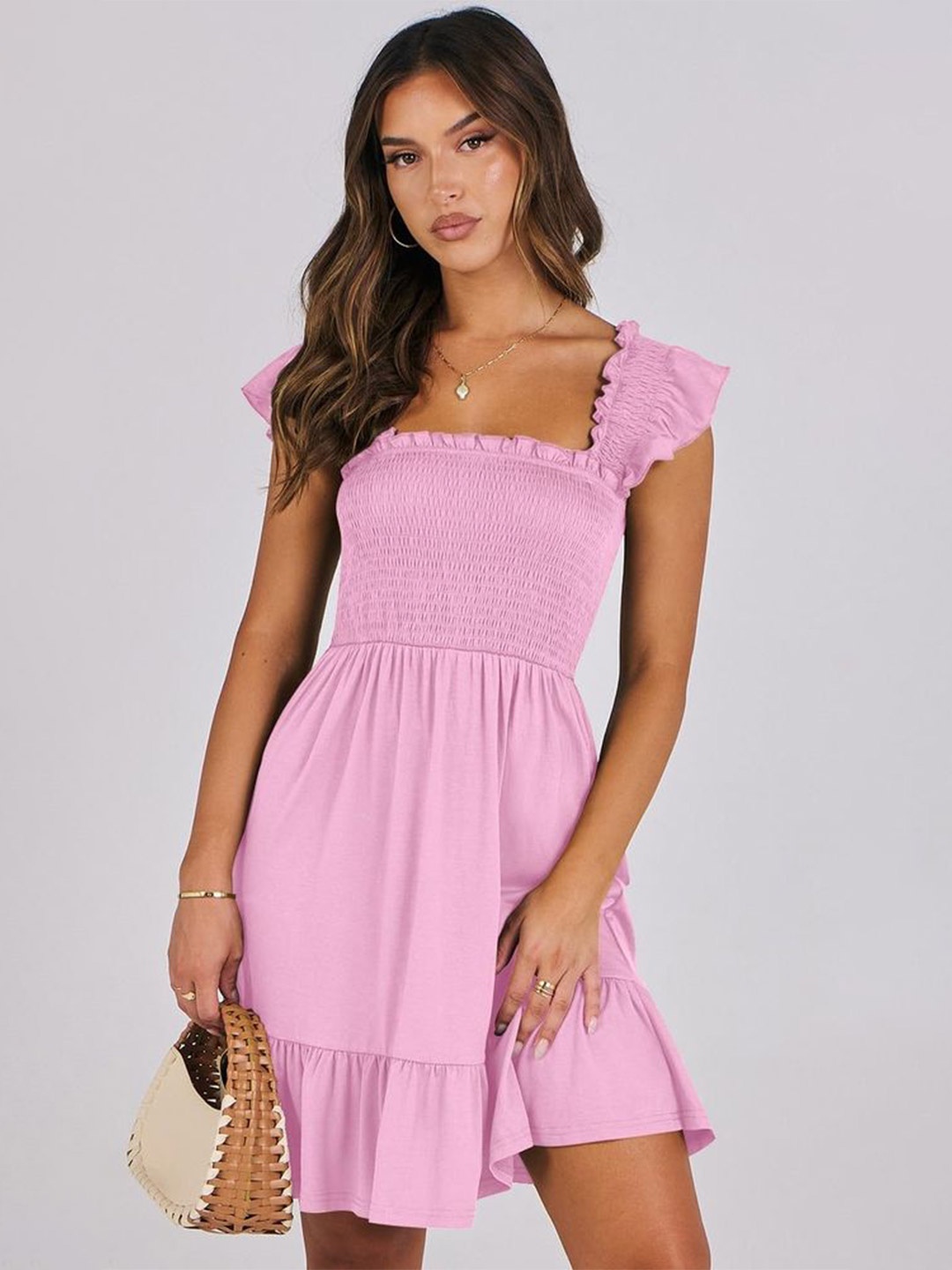 

LULU & SKY Square Neck Flutter Sleeves Smocked Fit & Flare Dress, Pink