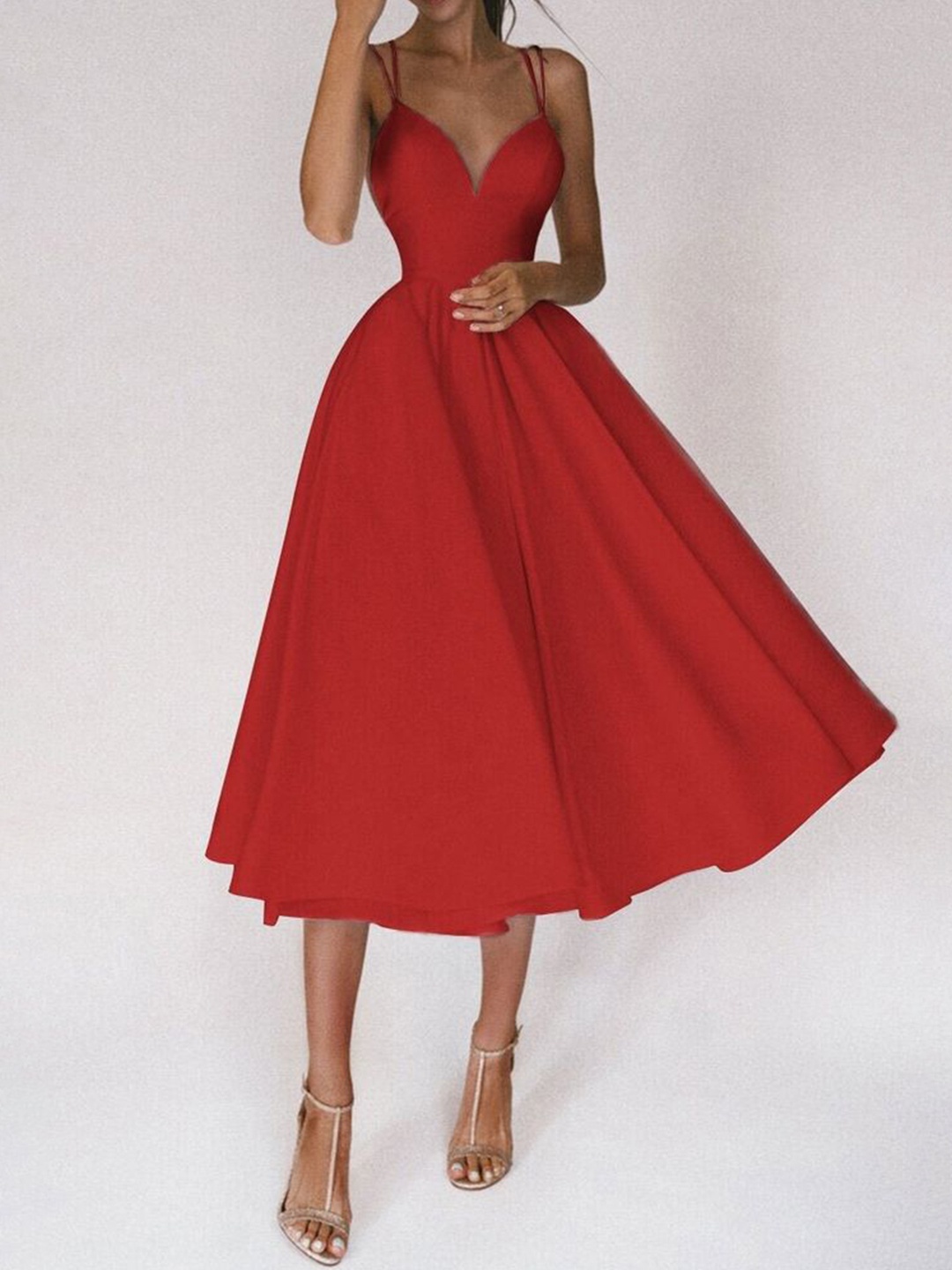 

LULU & SKY Shoulder Straps Fit & Flare Midi Dress, Red