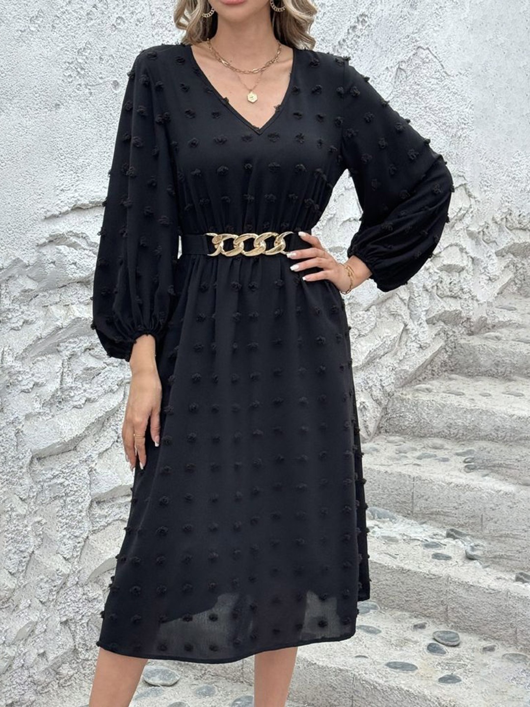 

LULU & SKY Women Self Design Fit - Flare Dress, Black