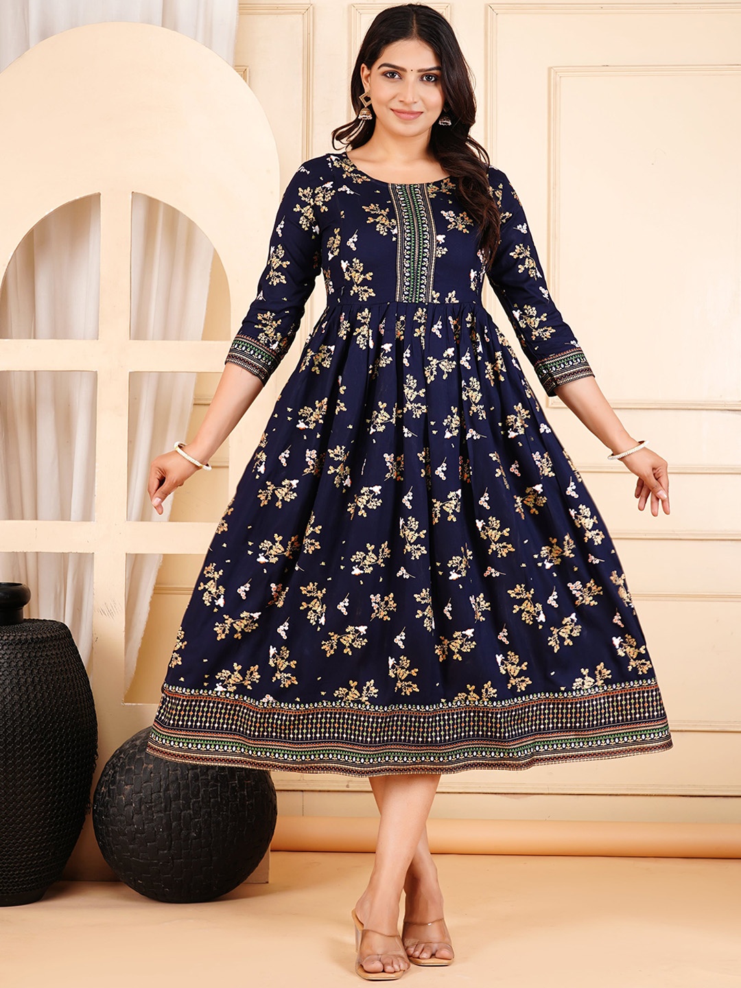 JALTHER Floral Printed Gotta Patti Maternity Anarkali Kurta, Blue