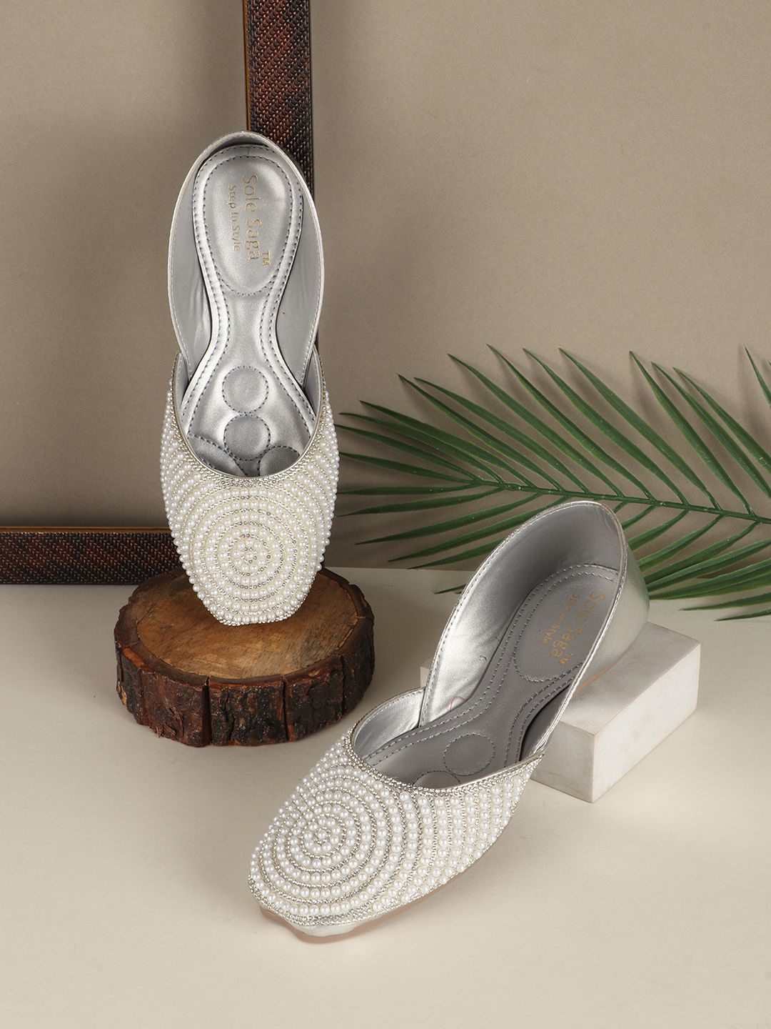 

Sole Saga Women Embellished Slip-On Ethnic Mojaris Flats, Silver
