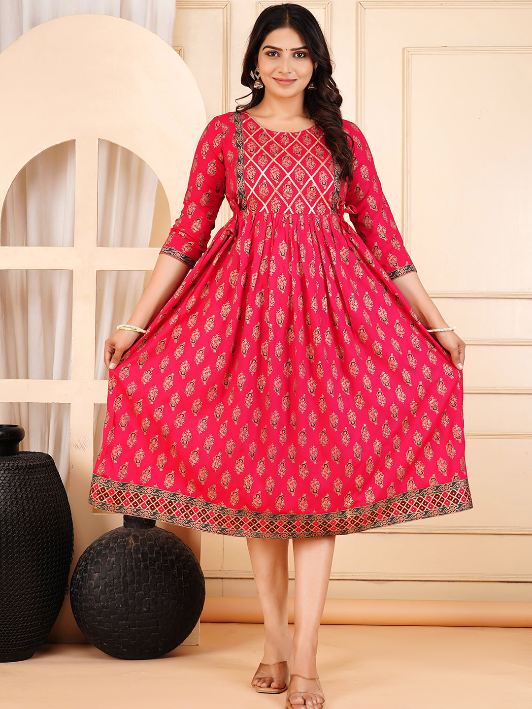 

JALTHER Floral Printed Gotta Patti Maternity Anarkali Kurta, Pink
