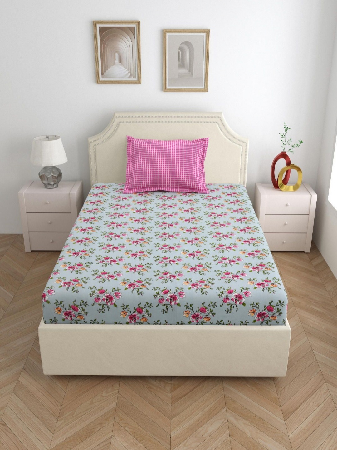 

Aura Blue & Pink Floral 144 TC Cotton Single Bedsheet with 1 Pillow Covers 2.28 m x 1.50 m