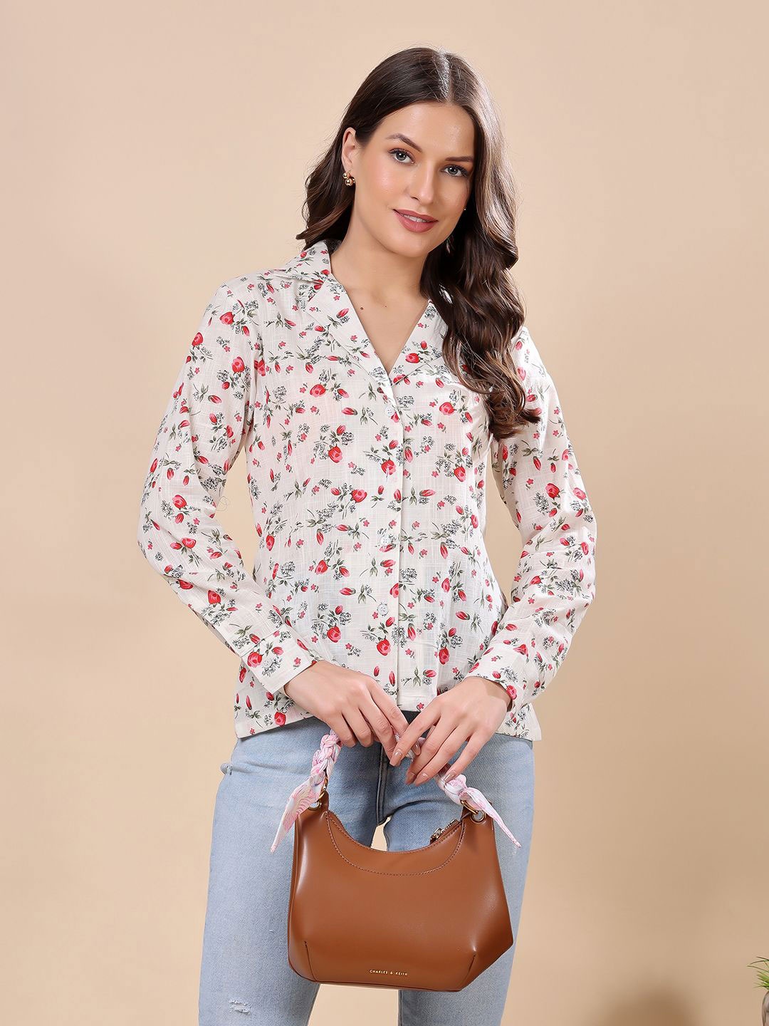 

SCORPIUS Women Classic Fit Cuban Collar Floral Printed Cotton Formal Shirt, Off white