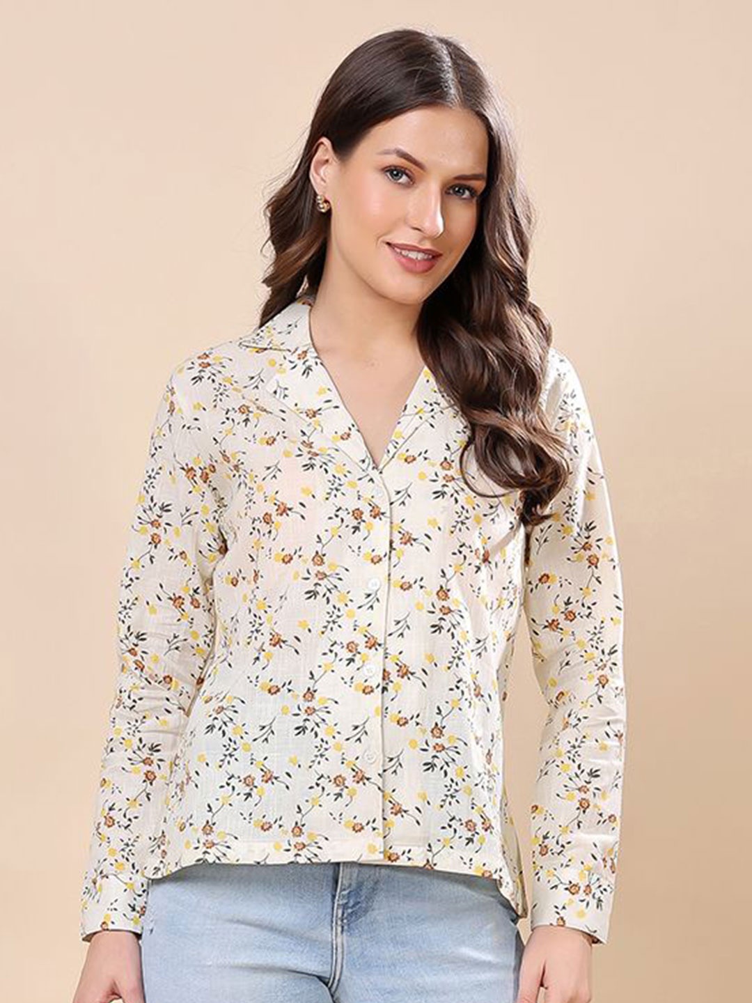 

SCORPIUS Women Classic Cuban Collar Floral Printed Cotton Casual Shirt, White