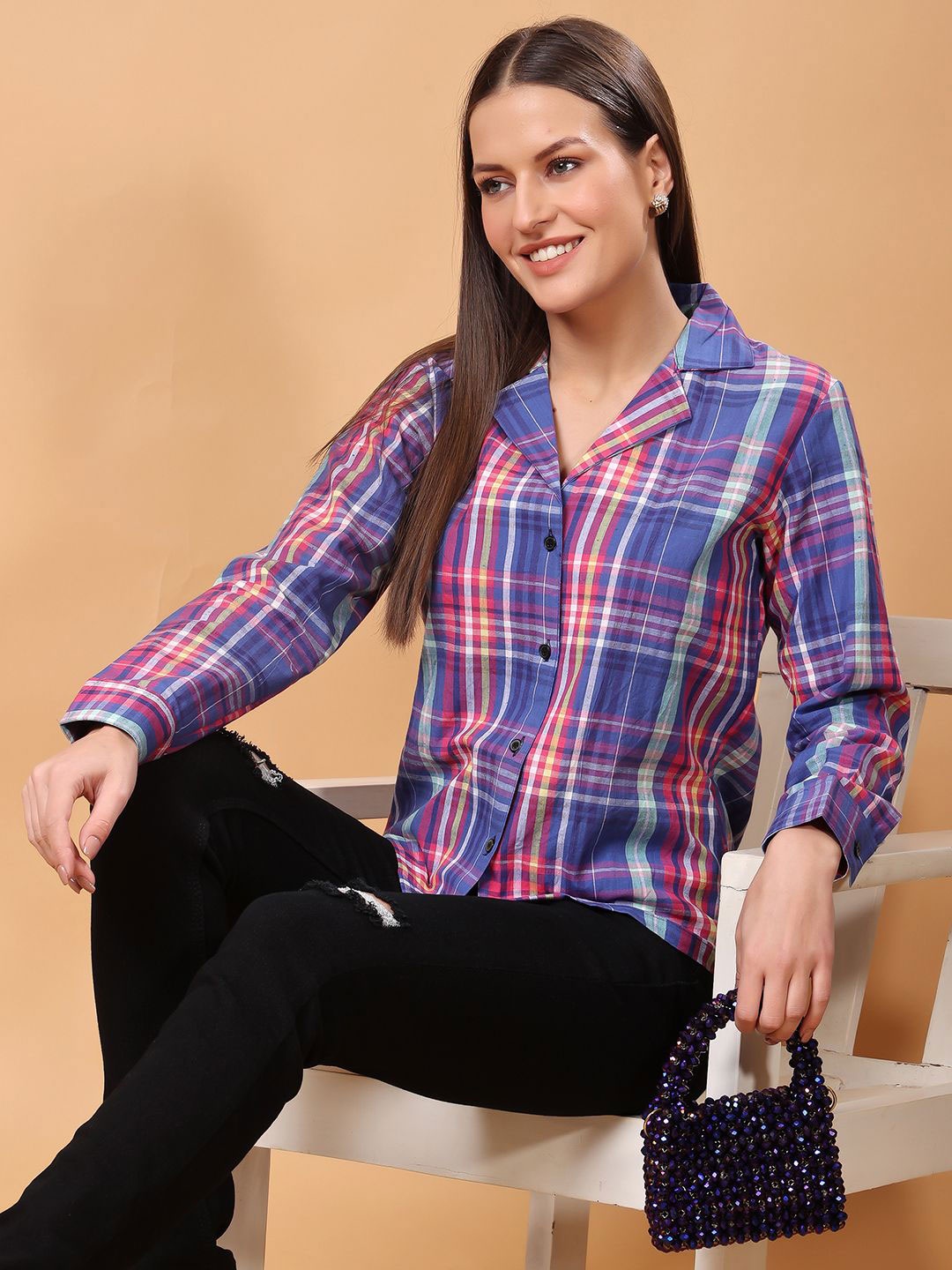 

SCORPIUS Women Classic Windowpane Checked Cotton Formal Shirt, Blue