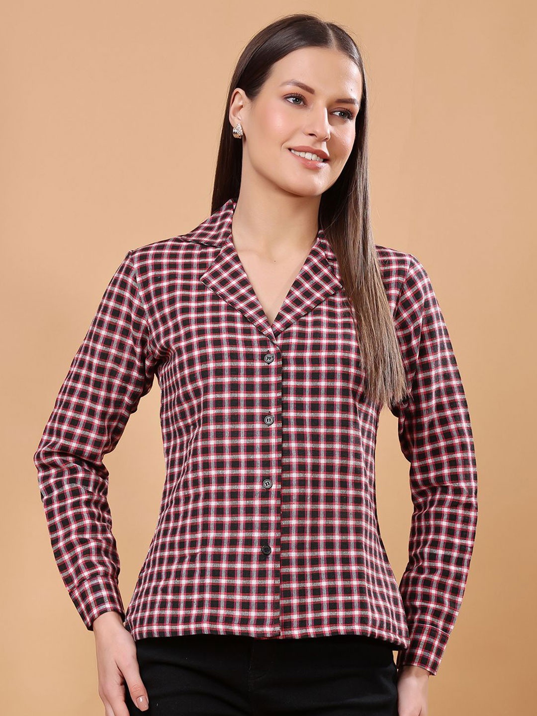 

SCORPIUS Women Classic Cuban Collar Gingham Checked Cotton Formal Shirt, Black