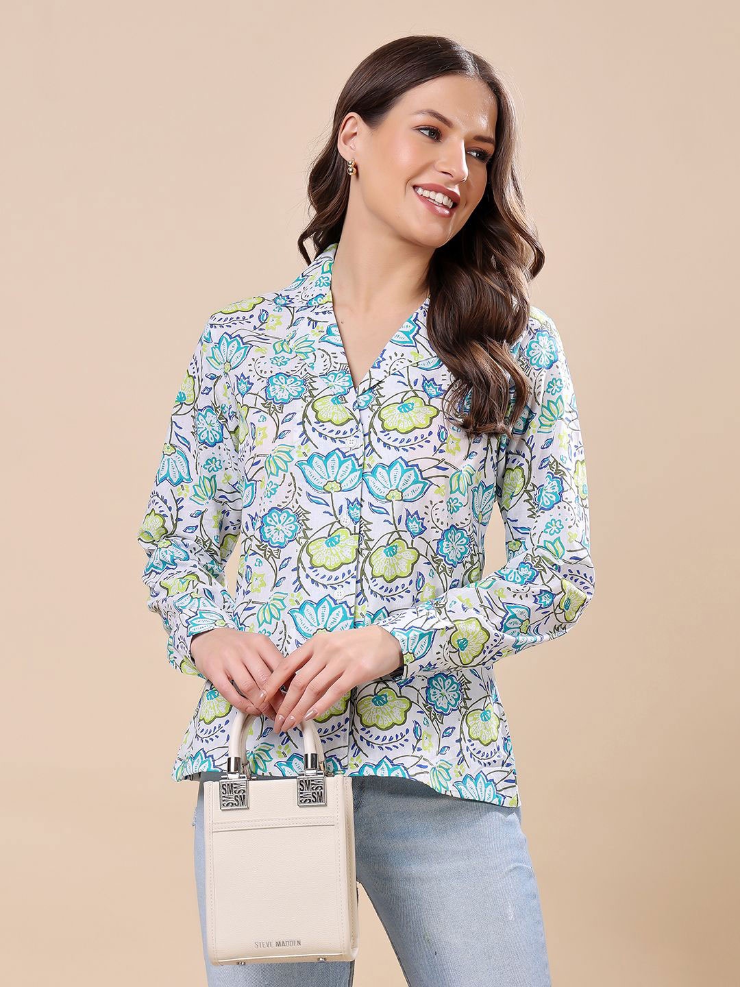 

SCORPIUS Women Classic Fit Cuban Collar Floral Printed Cotton Casual Shirt, White