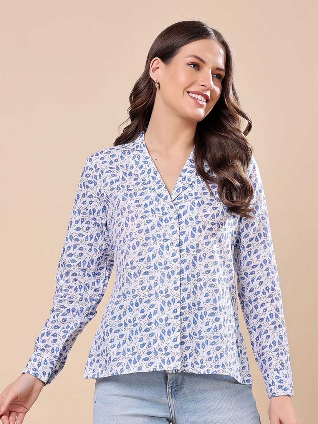 

SCORPIUS Women Classic Cuban Collar Floral Printed Cotton Formal Shirt, White