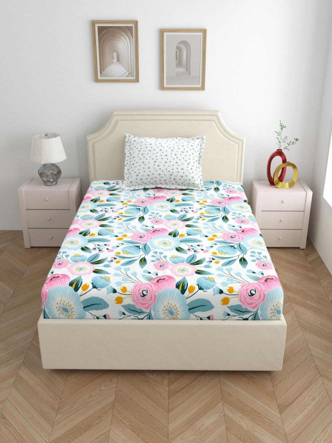 

Aura White & Blue Floral 144 TC Single Bedsheet with 1 Pillow Covers