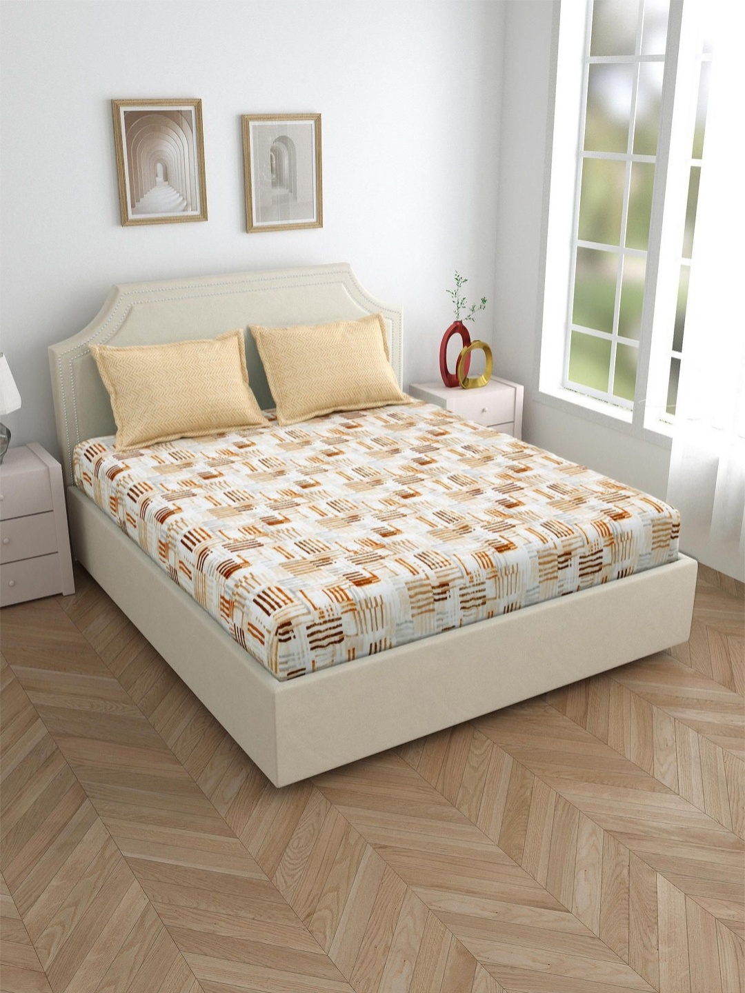 

Aura White & Beige 144 TC King Bedsheet with 2 Pillow Covers