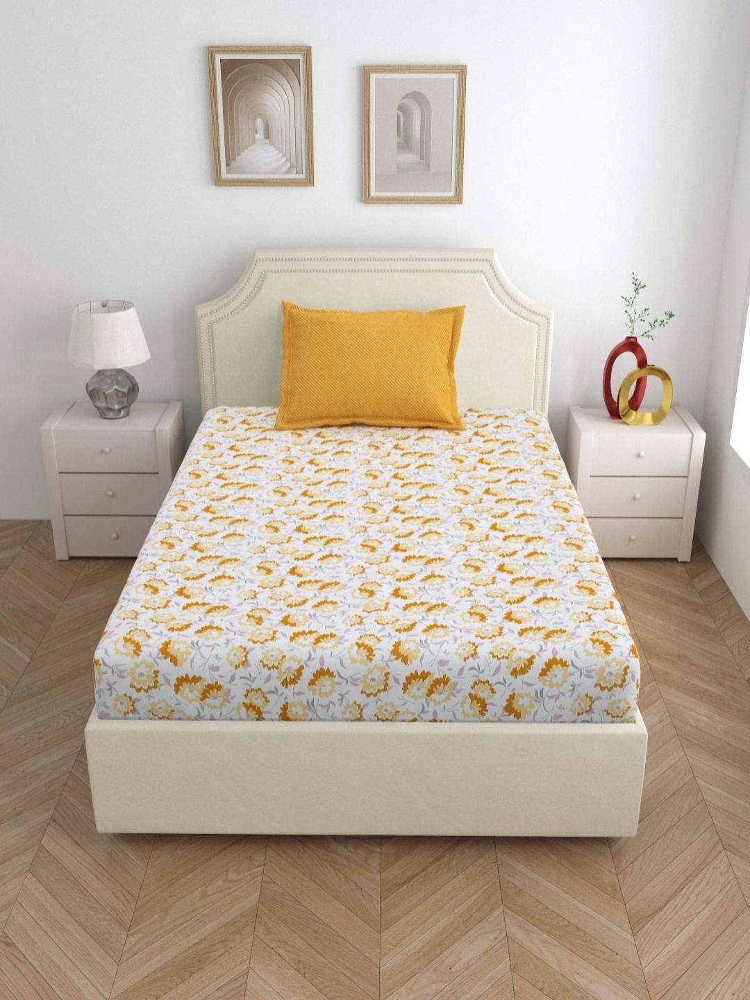 

Aura Brown & Mustard Floral 144 TC Single Bedsheet with 1 Pillow Covers