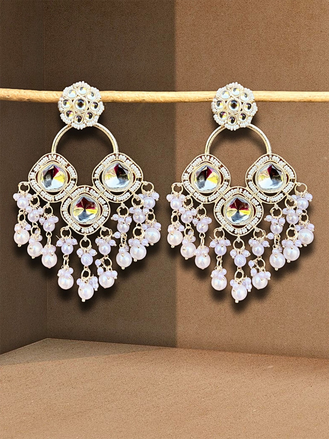 

UnfoldSelf Gold-Plated Stone Studded & Beaded Contemporary Chandbalis Earrings