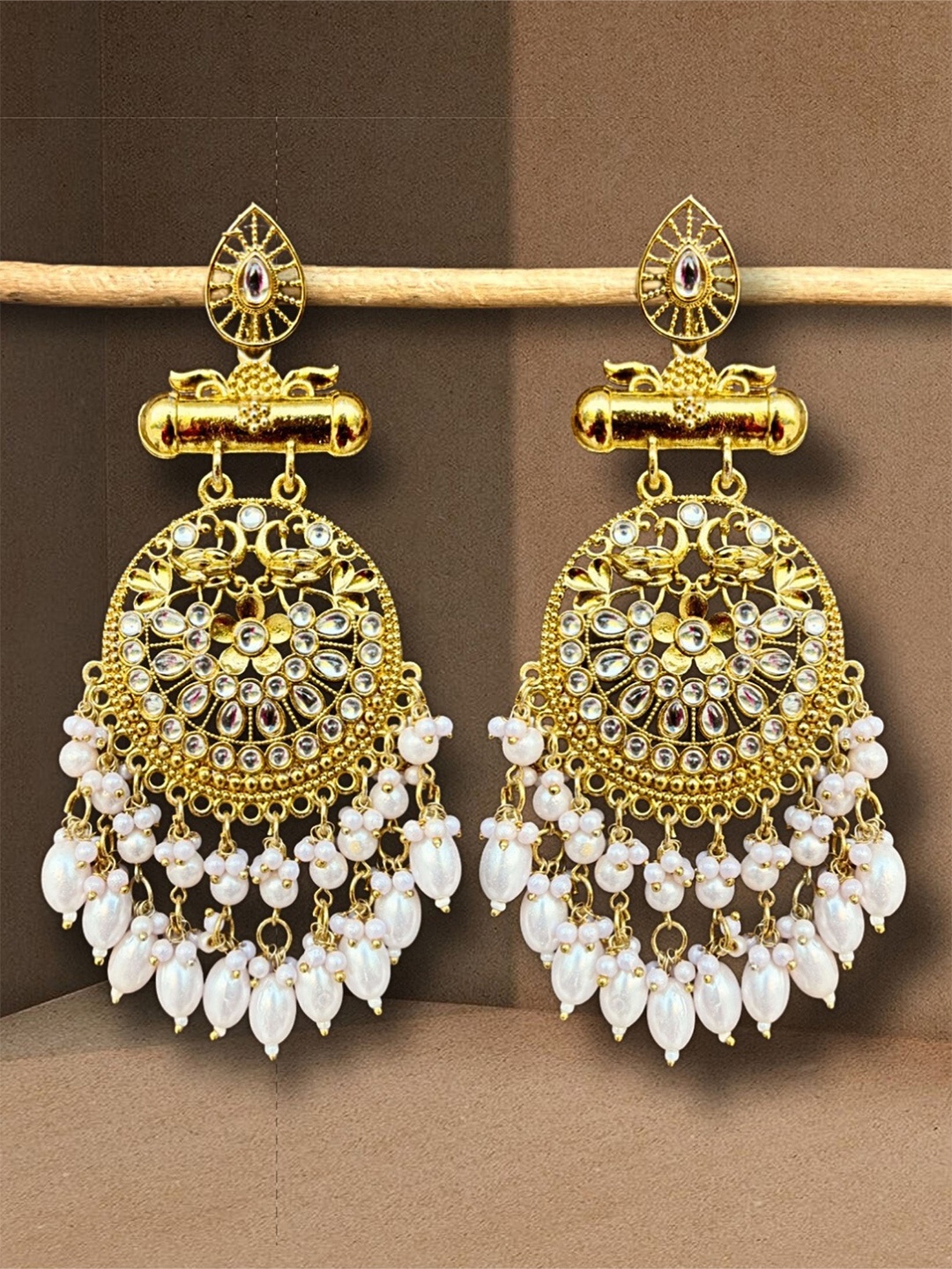 

UnfoldSelf Gold-Plated Pearls Contemporary Chandbalis Earrings