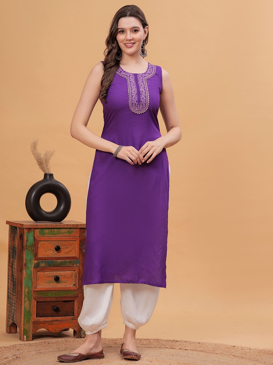 

NYPA Floral Yoke Design Round Neck Sleeveless Regular Gotta Patti Kurta With Salwar, Purple