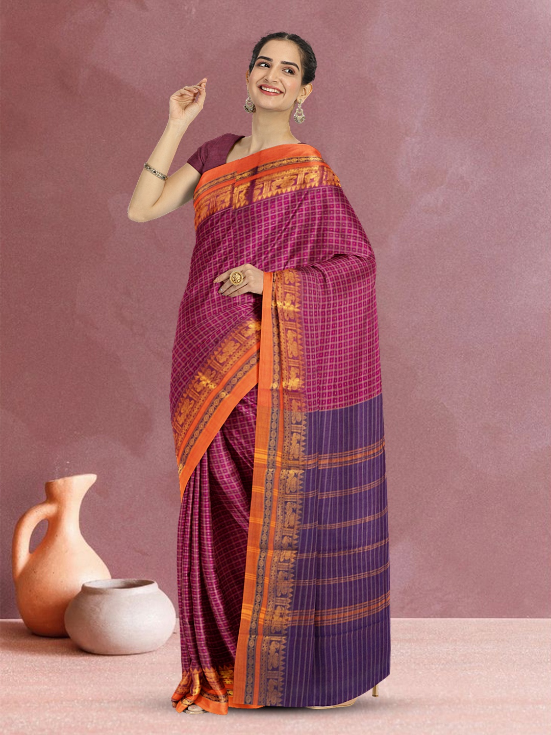 

Avishya Thousand Butta Checked Chettinad Cotton Saree, Purple