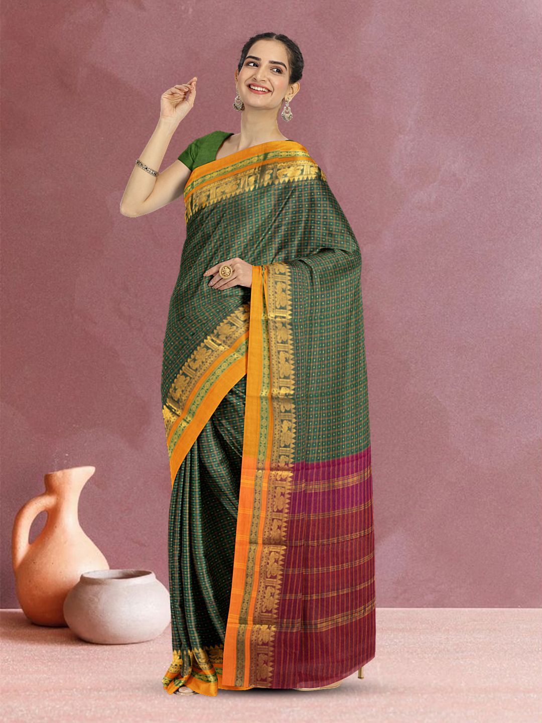 

Avishya Thousand Butta Checked Chettinad Cotton Saree, Green