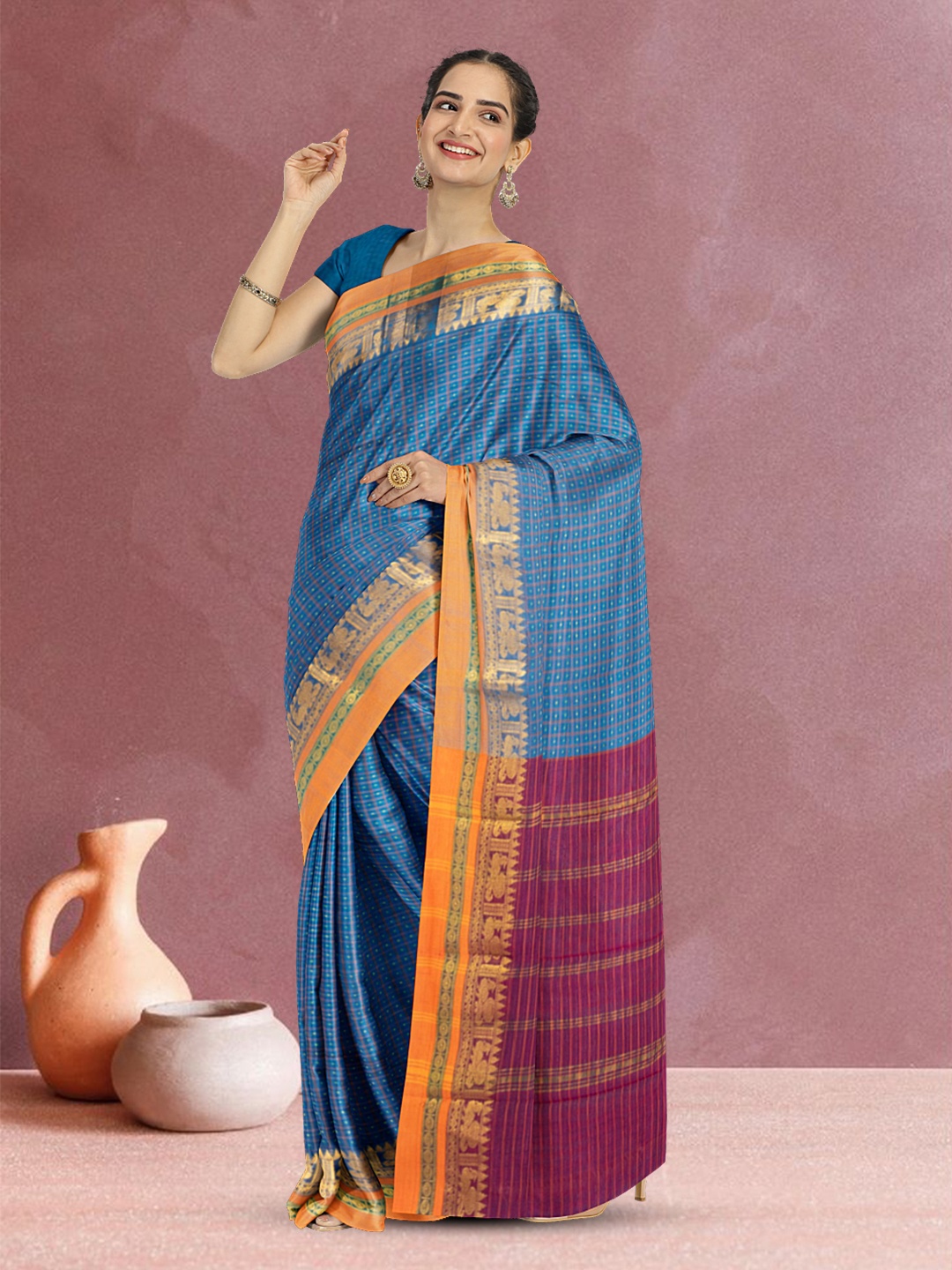 

Avishya Thousand Butta Checked Chettinad Cotton Saree, Blue