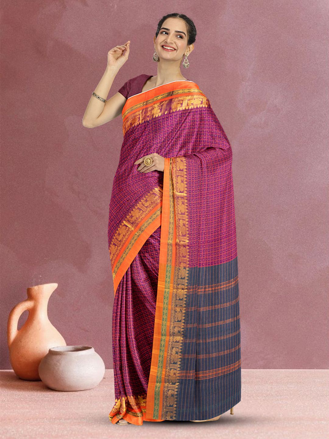 

Avishya Thousand Butta Checked Chettinad Cotton Saree, Purple