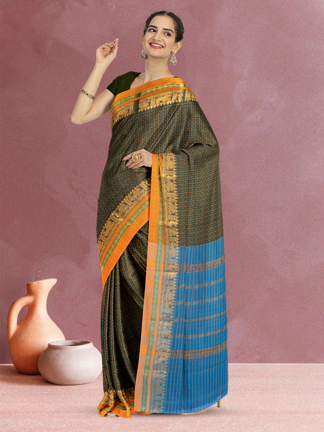

Avishya Thousand Butta Checked Chettinad Cotton Saree, Green