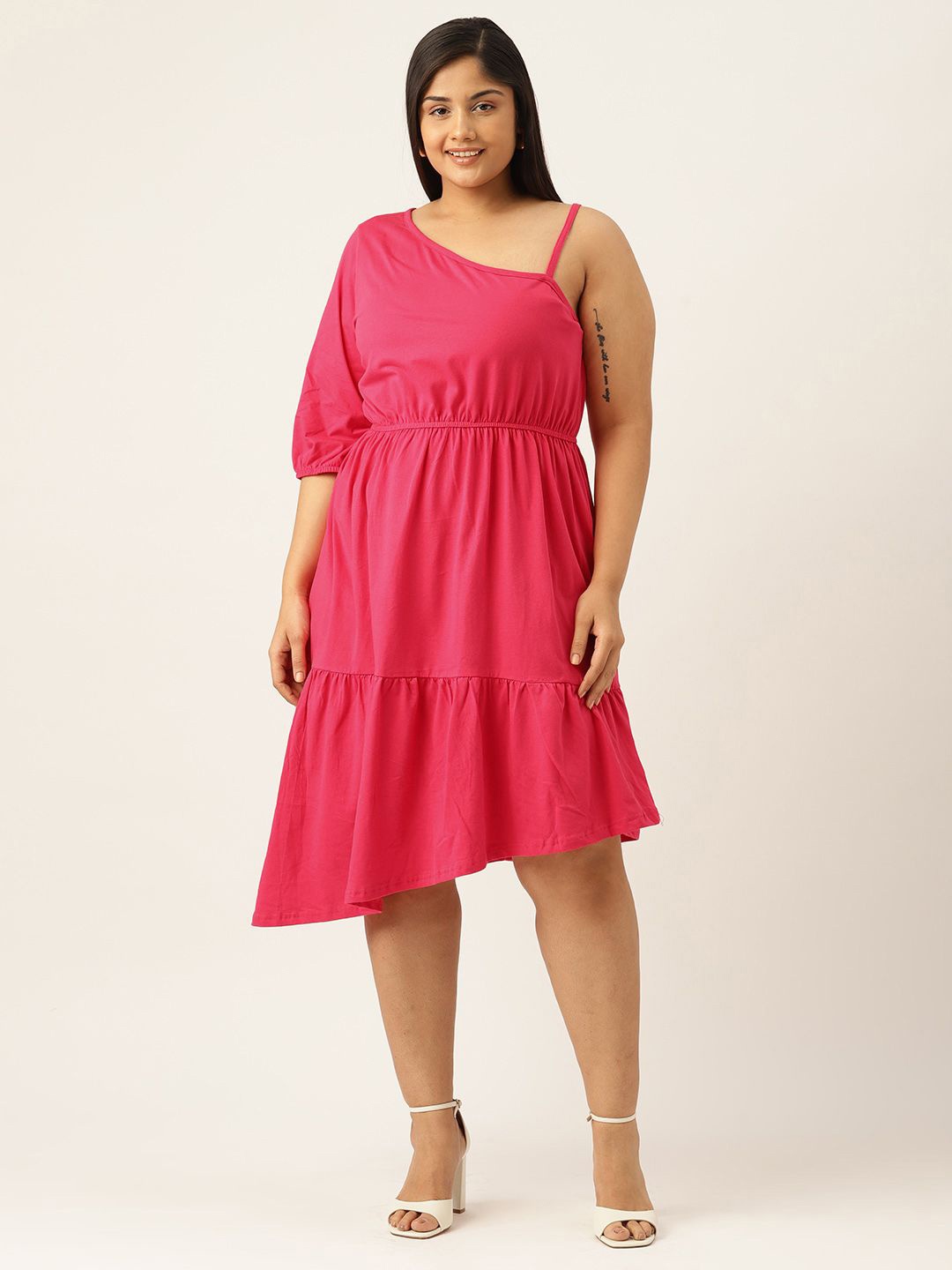 

theRebelinme One Shoulder Puff Sleeve A-Line Midi Dress, Fuchsia
