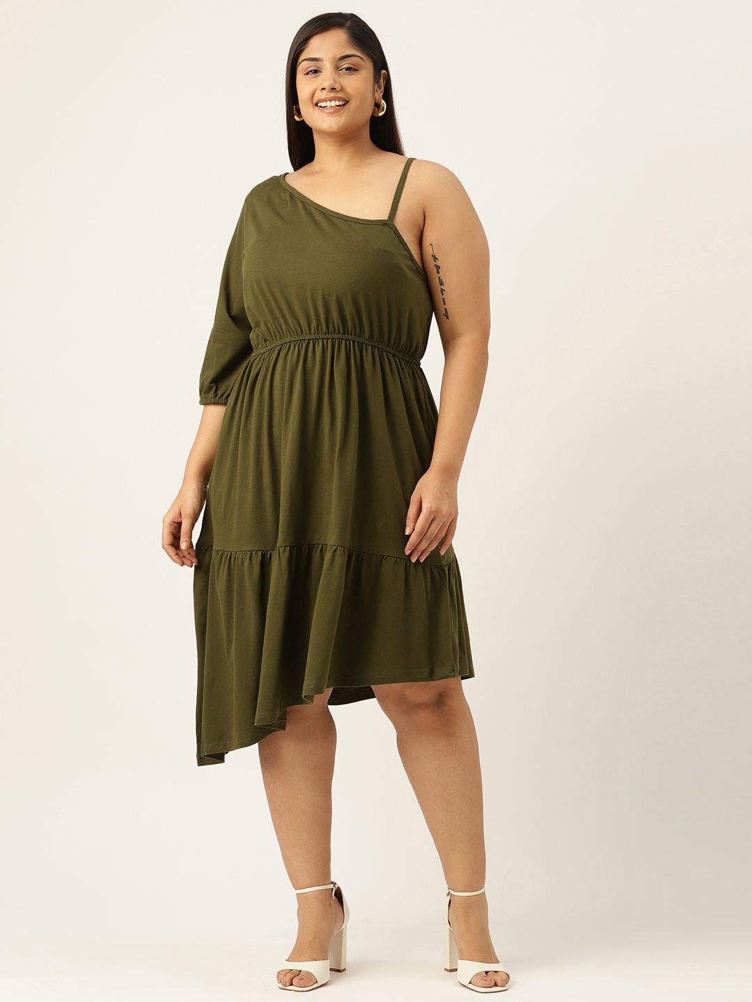 

theRebelinme One Shoulder Puff Sleeve A-Line Midi Dress, Olive