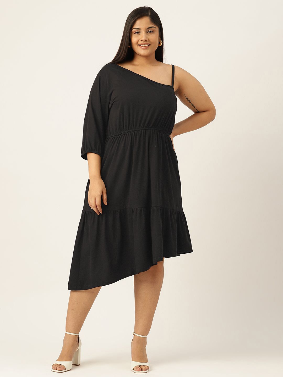

theRebelinme One Shoulder Puff Sleeve A-Line Midi Dress, Black