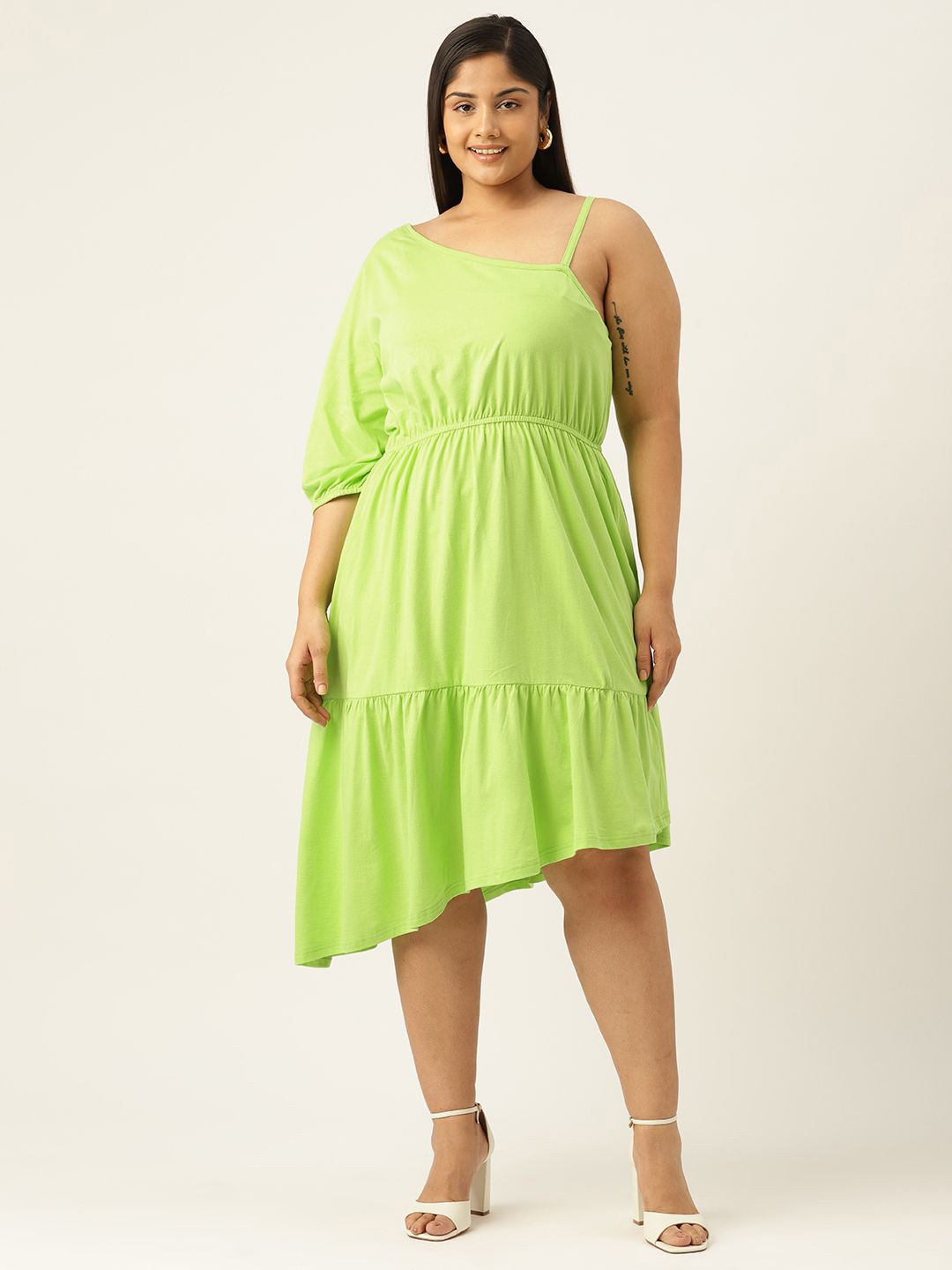 

theRebelinme One Shoulder Puff Sleeve A-Line Midi Dress, Green