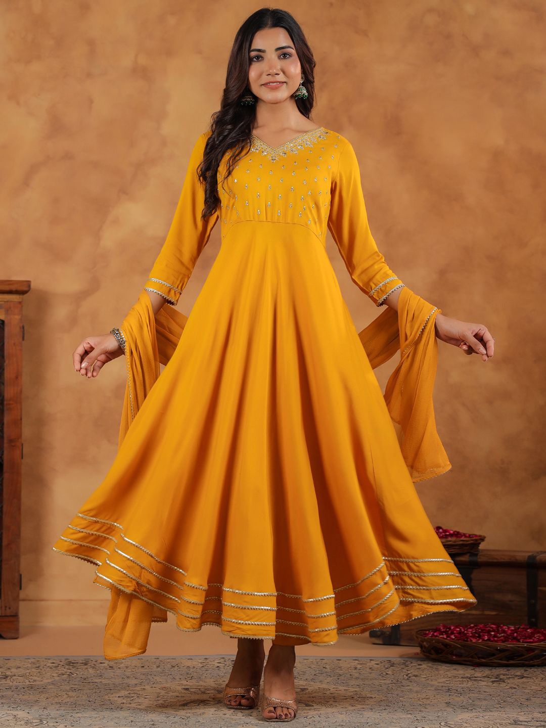 

Janasya Women Ethnic Motifs Embroidered Pleated Sequinned Kurta with Trousers & Dupatta, Mustard