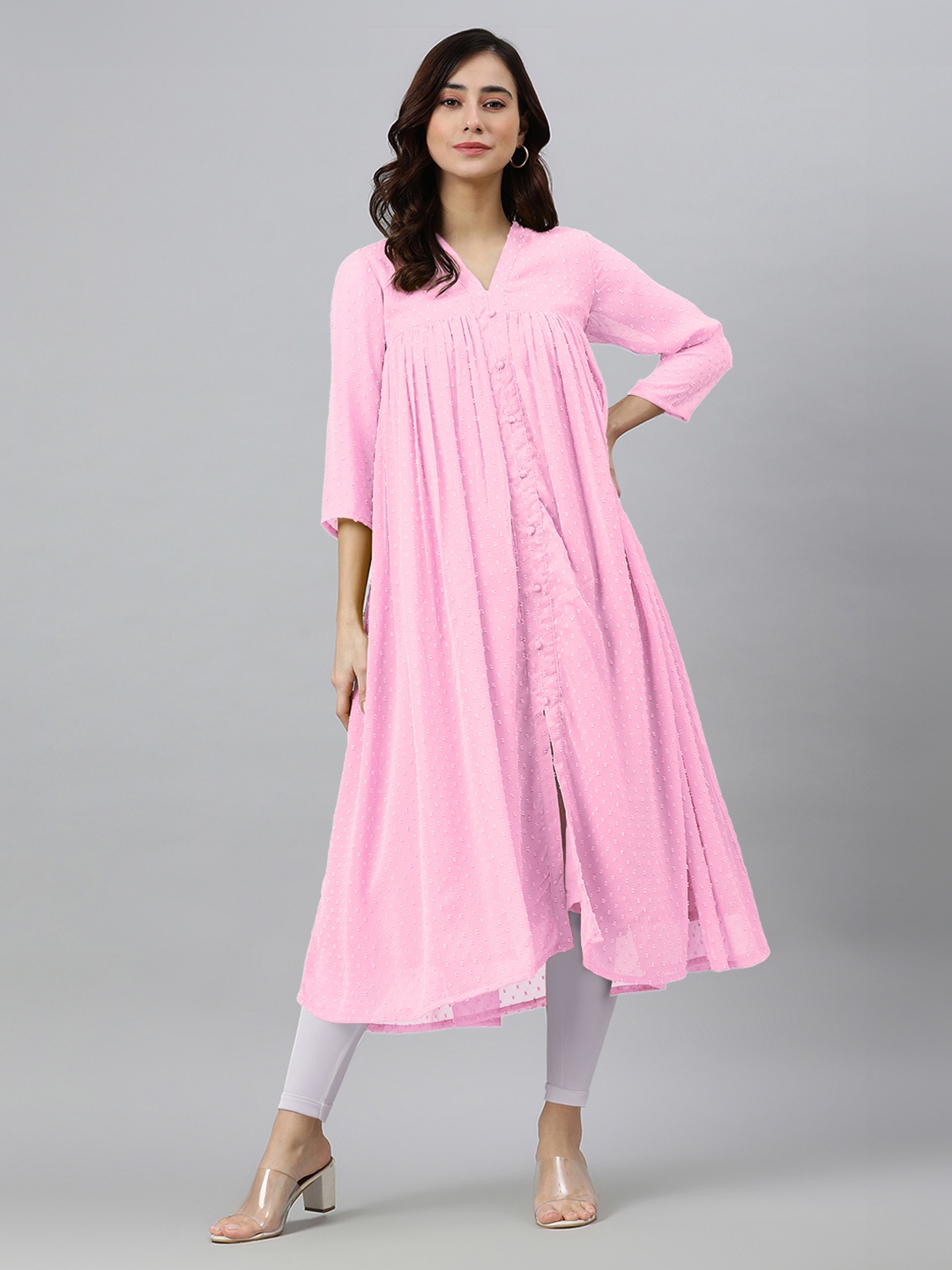 

Janasya Self Design Fit And Flare Ethnic Dresses, Pink