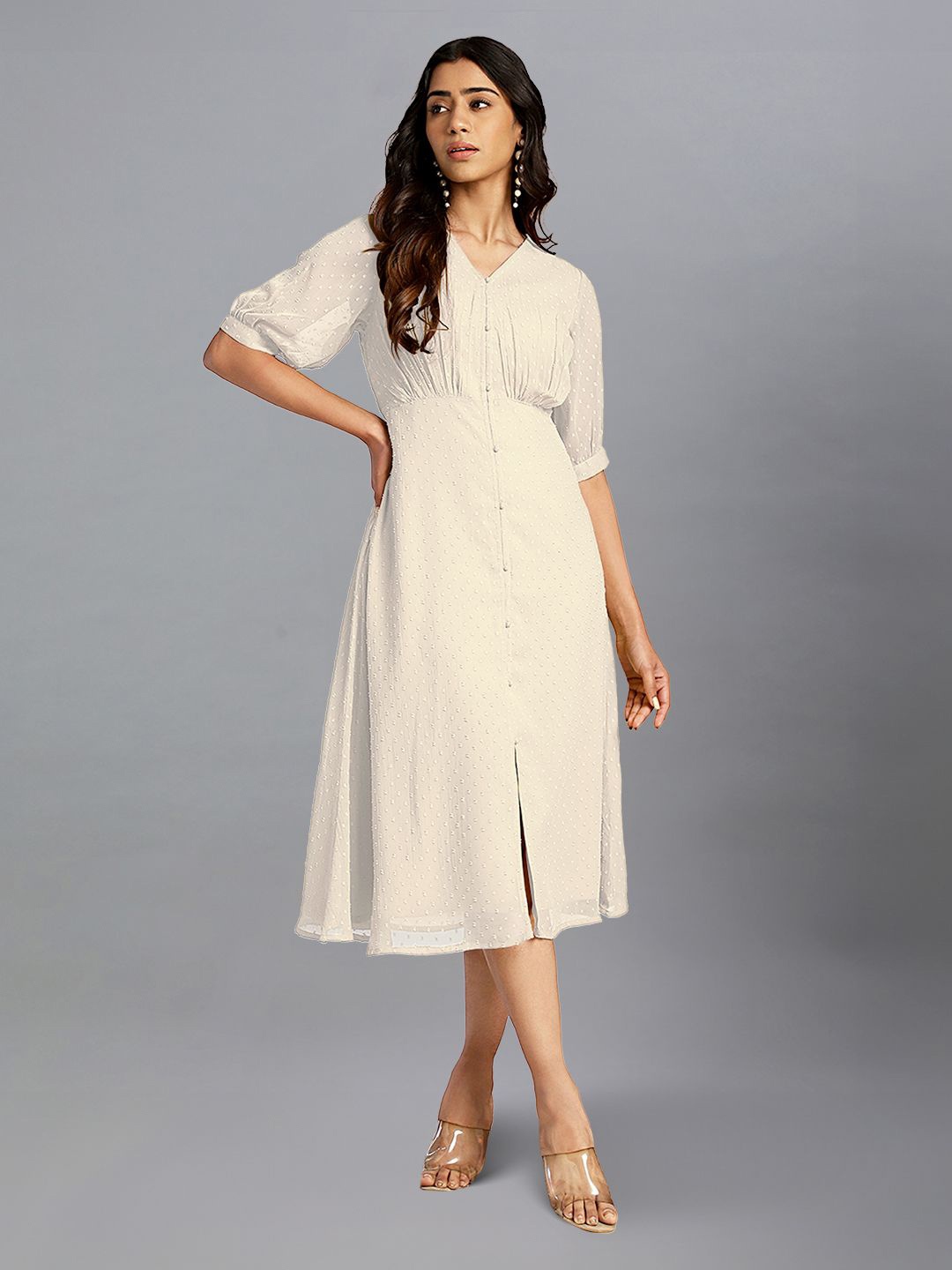 

Janasya Puff Sleeve Chiffon A-Line Midi Dress, Off white