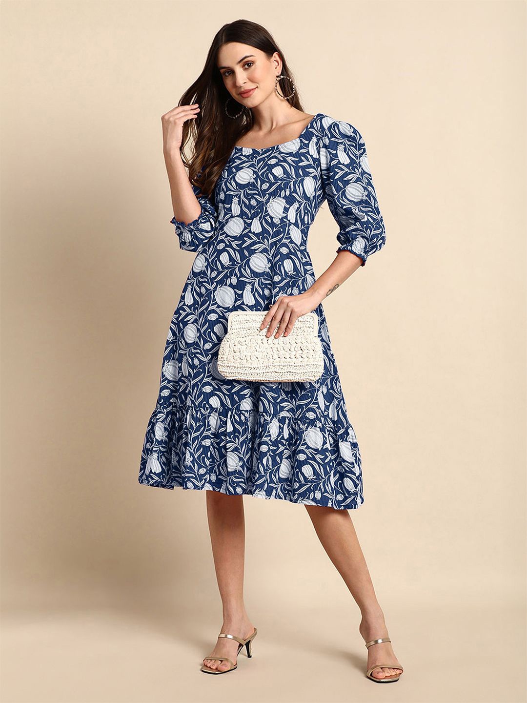 

Janasya Floral Print Puff Sleeve A-Line Midi Dress, Blue