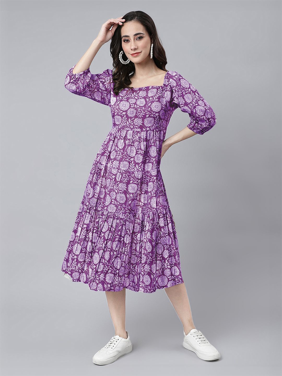 

Janasya Floral Print Puff Sleeve Fit & Flare Midi Dress, Purple