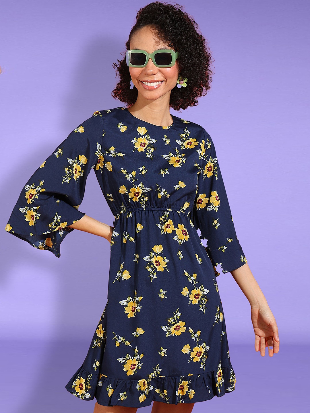 

Fashfun Floral Print Crepe Fit & Flare Dress, Blue