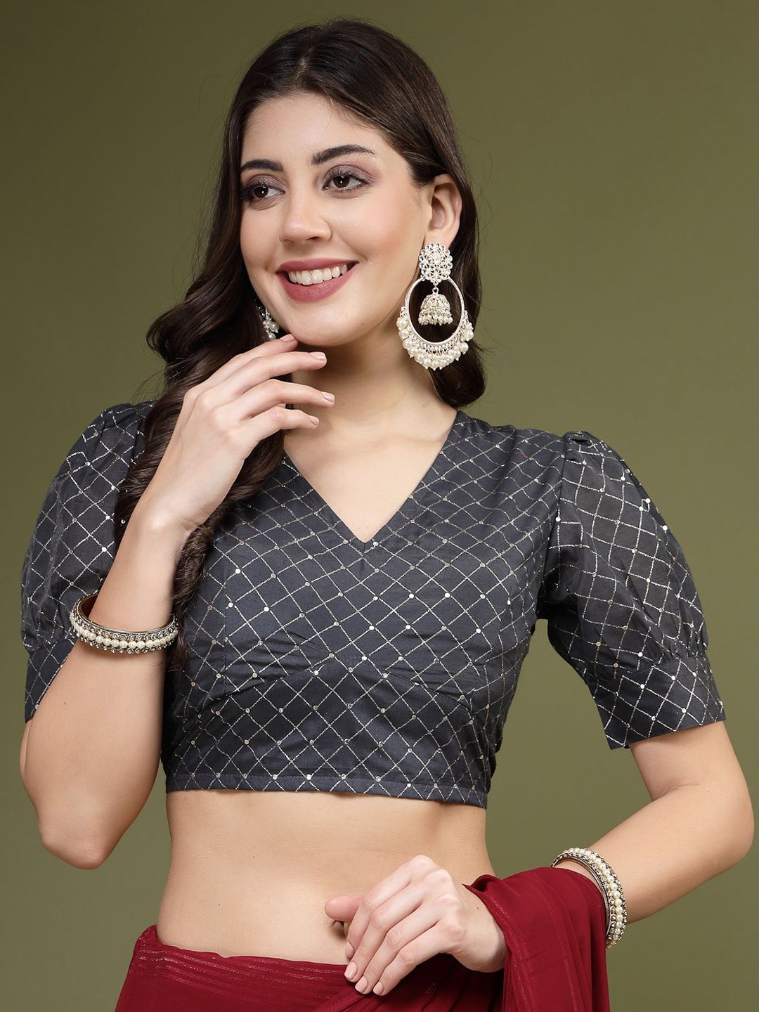 

Sangria Embellished V-Neck Saree Blouse, Grey
