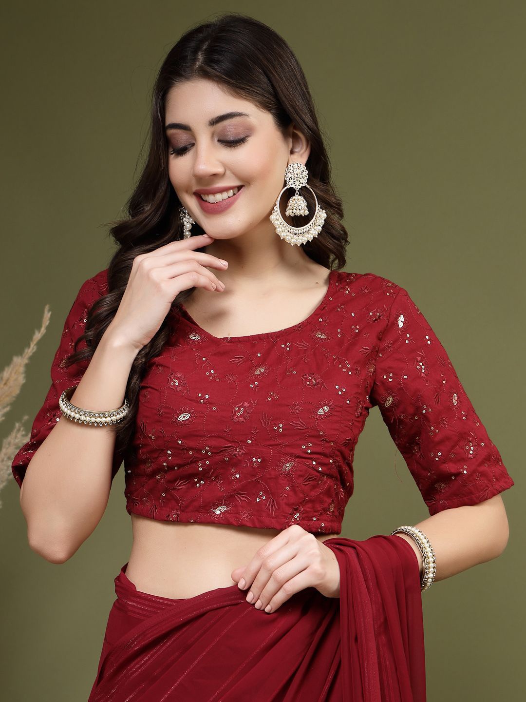 

Sangria Embroidered Pure Cotton Short Sleeve Saree Blouse, Maroon