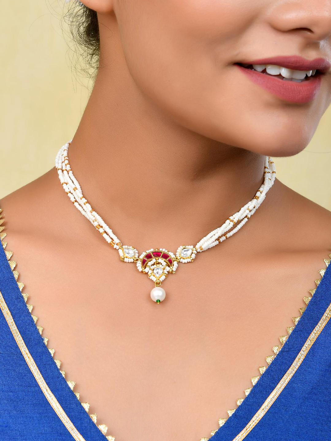 

STYYO Brass Gold-Plated Stone Studded & Beaded Necklace, White