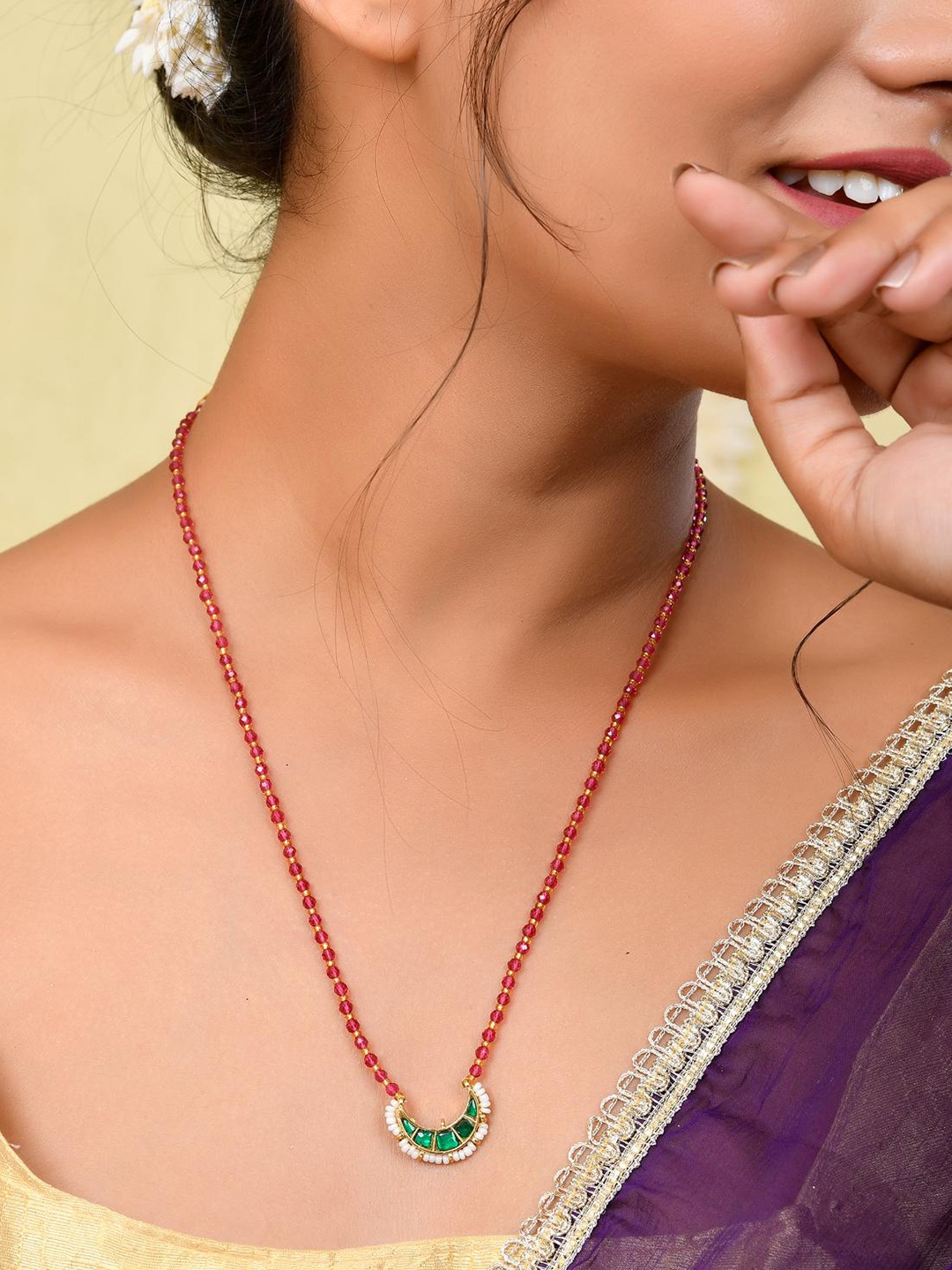 

STYYO Gold-Plated Stones-Studded & Beaded Statement Necklace, Pink