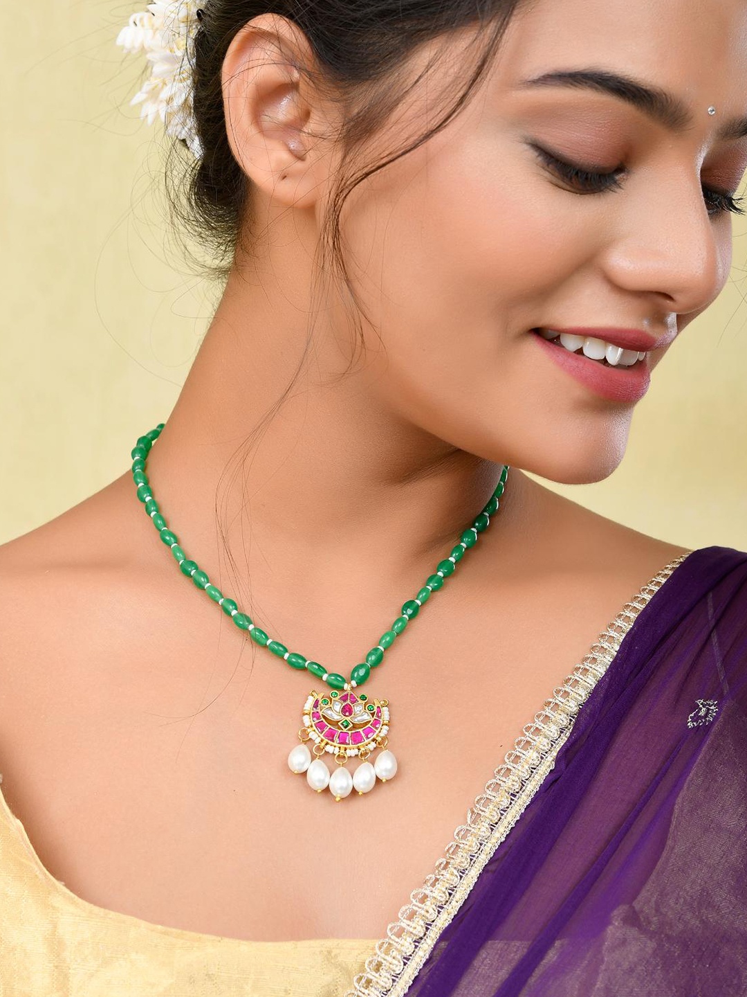 

STYYO Gold-Plated Artificial Stones and Beads Statement Necklace, Green