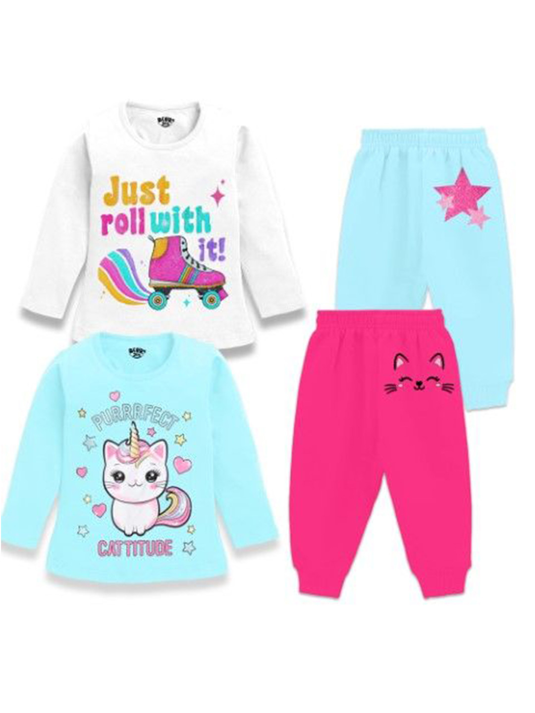 

BERRYJOY Girls Pack Of 2 Round Neck Printed T-shirt With Joggers, Blue