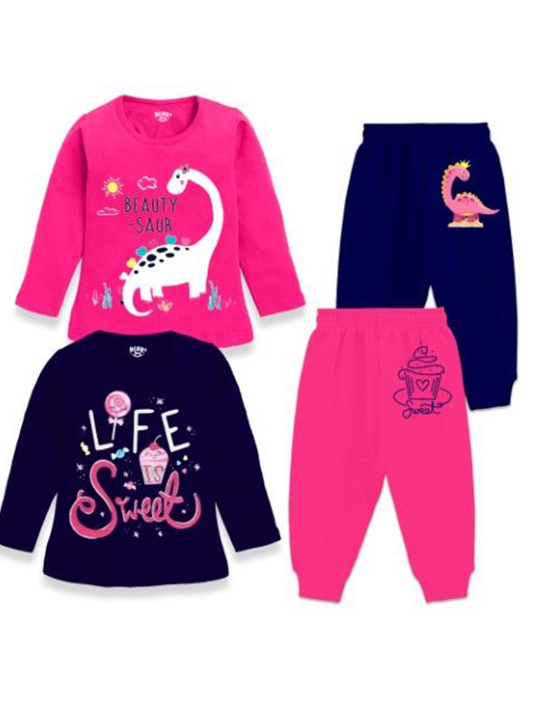 

BERRYJOY Girls Pack of 2 Round Neck Printed T-shirt With Joggers, Pink