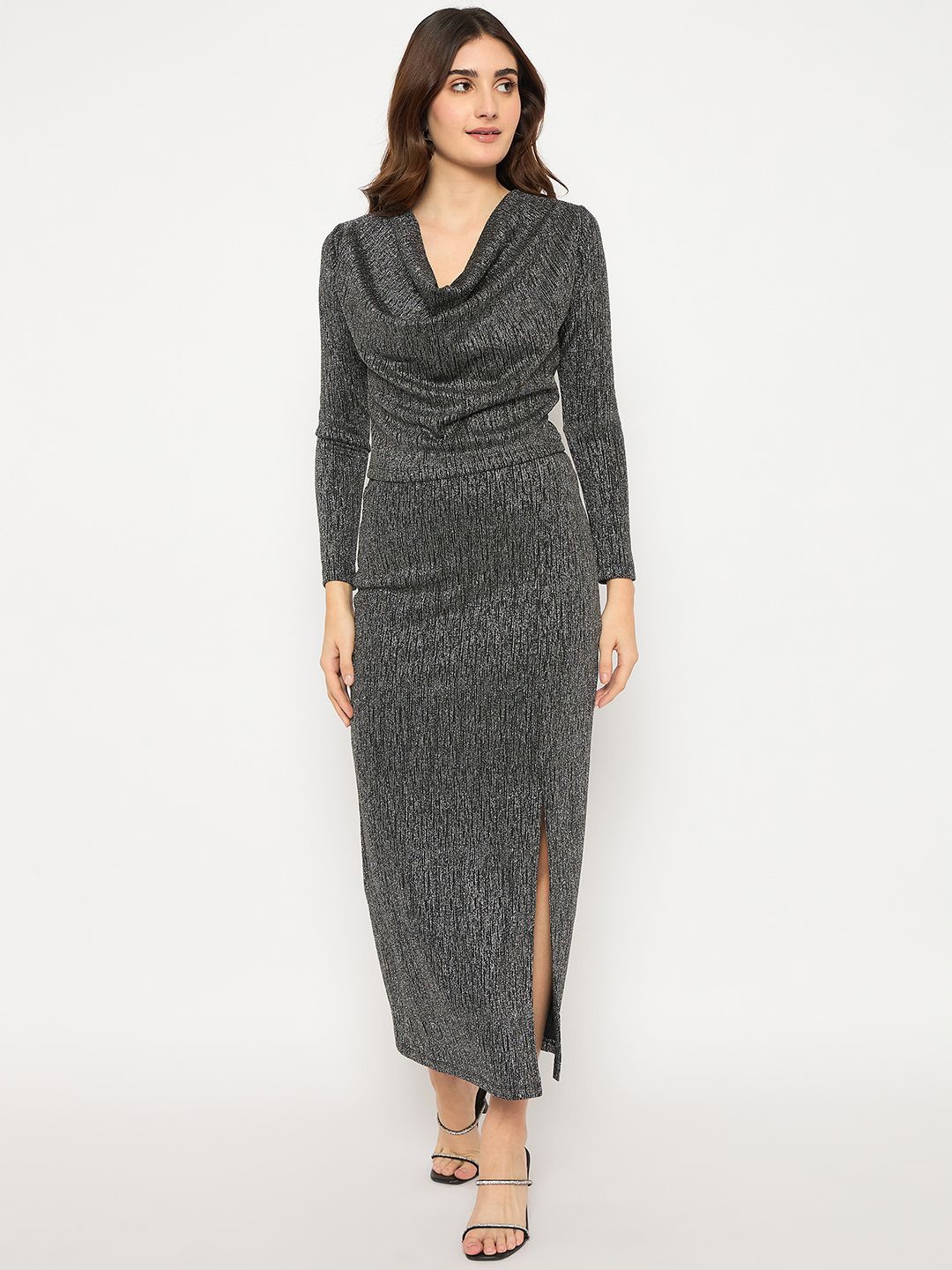 

Madame Cowl Neck Self-Design Top With Skirt, Black