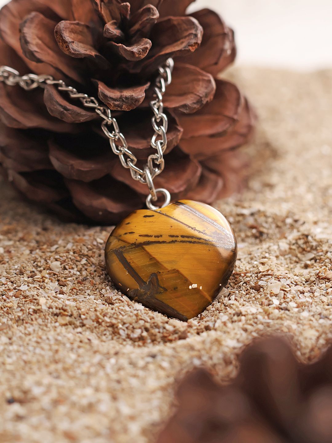 

Shubhanjali Silver Tiger Eye Stone Studded Mini Heart Shaped Pendant, Brown