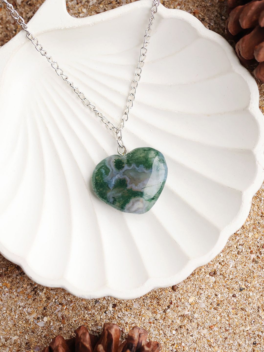 

Shubhanjali Moss Agate Big Heart Shaped Pendant, Silver