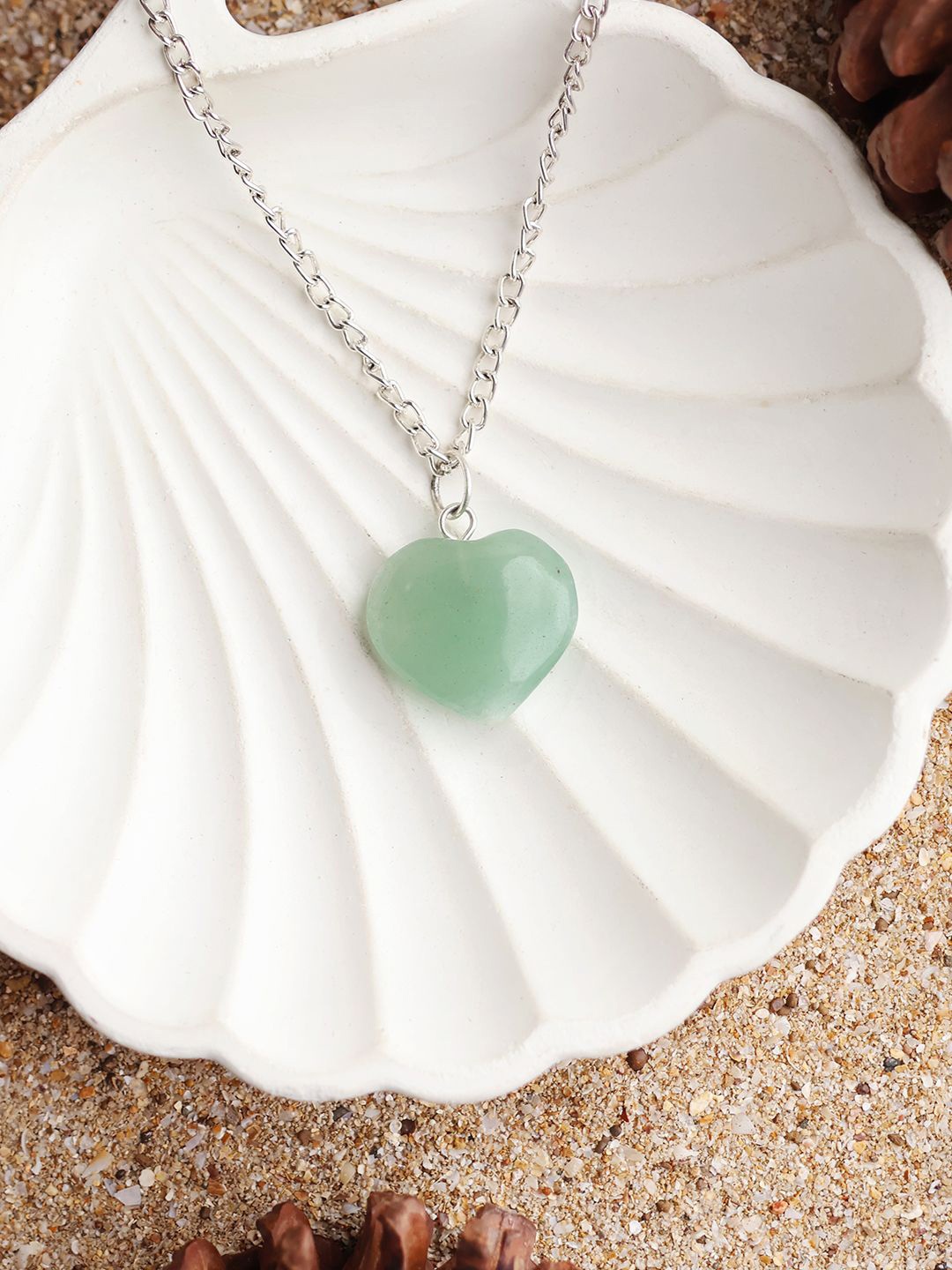 

Shubhanjali Silver Aventurine Stone Studded Mini Heart Shaped Pendant, Green