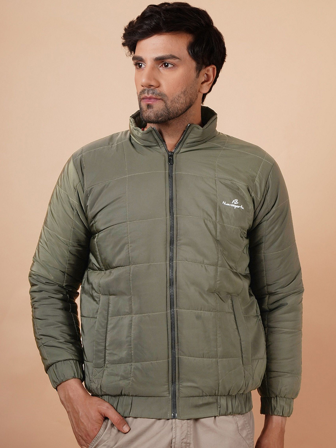 

NUEVOSDAMAS Men Mock Collar Solid Cotton Casual Lightweight Padded Jacket, Green