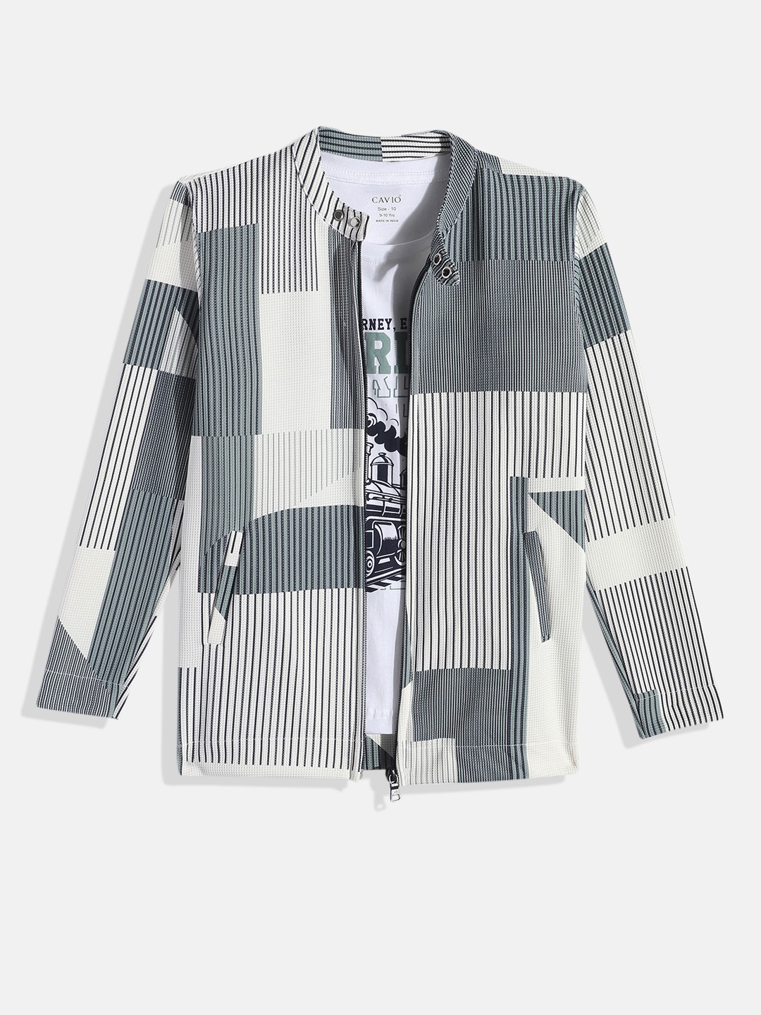 

CAVIO Boys Striped Lightweight Jacket with Tshirt, Off white