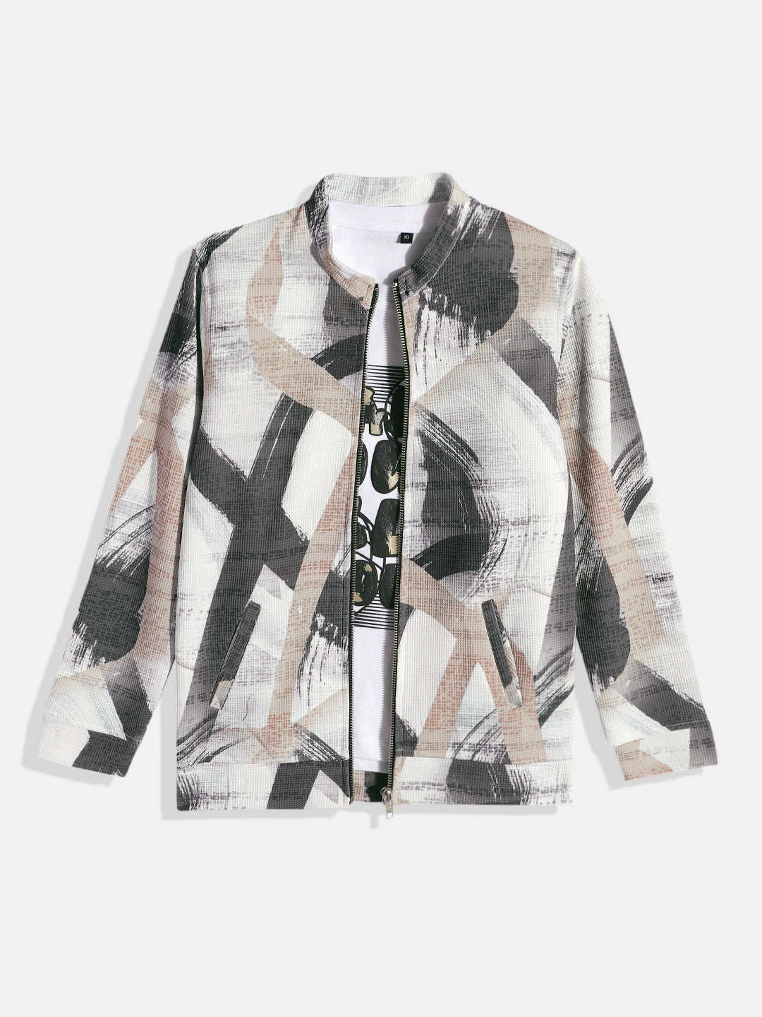 

CAVIO Boys Abstract Printed Lightweight Jacket with Tshirt, Beige